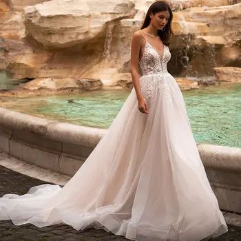 2023 Žavinga-line Lace V-Neck Vestuvių Suknelė Spagečiai Dirželiai Appliqued Perlai Nuotakos Suknelė Backless Vestido De Novia Tinkinti