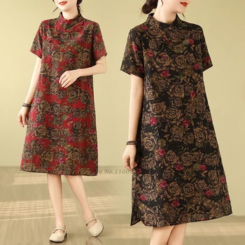 2024 m. kinijos vintage suknelė tradicinės medvilnės, lino suknelė pagerėjo cheongsam nacionalinės gėlių spausdinti liaudies qipao-line suknelė