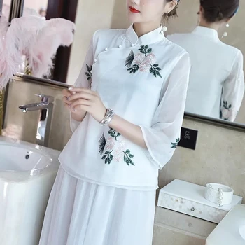 Balta Cheongsam Viršuje Moterų Kinija Shirt, Derliaus Zen Tango Kostiumas Nacionalinės Stiliaus Siuvinėjimų Elegancija Mados Šiuolaikinės Kinijos Drabužių