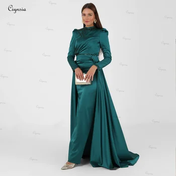 Ciynsia Dubajus Arabų Musulmonų Oficialią Vakaro Suknelės Ilgomis Rankovėmis Drabužius De Soirée Satino Karoliukai Elegantiškas Vestuvės Dress 2024