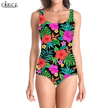 CLOOCL Moterų maudymosi kostiumėlį Havajų Hibiscus Spausdinti Sportinę Rankovių Meno Maudymosi Kostiumą Poliesteris Monokini Ponios Plaukimo Kostiumas