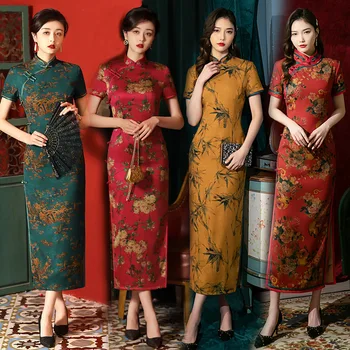 Kinijos Nacionalinė Moterų Cheongsam Pamušalu Trumpų Rankovių Vasaros Suknelė Rankų darbo Mygtuką Gėlių Retro Moterų Qipao Plius Dydis M Iki 3XL