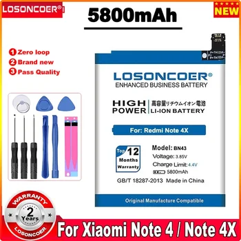 LOSONCOER 5800mAh BN43 Baterija Xiaomi Redmi Pastaba 4X Baterijos 4 X 5,5 colių Snapdragon 625 Telefono Baterija Baterijos
