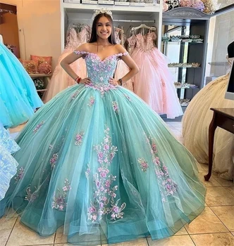 Mėlyna Princesė Quinceanera Suknelės Kamuolys Suknelė Nuo Peties Tiulio Appliques Saldus 16 Suknelės 15 Años Meksikos