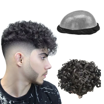 N. L. W 0.04 mm storio PU Žmogaus Plaukų toupee vyrų 10mm Afro Curl vyrų hairpiece pakeitimo gamtos juodi plaukai toupee size10*8