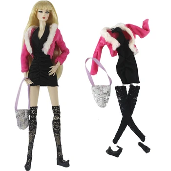 NK 1 Rinkinys Lėlių Karalienė Popietės Arbata Nustatyti: Rausvos spalvos, Kailis+Cute Suknelė+Nėriniai Ilgas Kojines+Krepšys+Aukštakulnius Barbie Lėlės Žaislą DOVANŲ