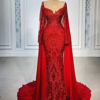Prabangių Vakarinių Suknelių Undinė Ilgomis Rankovėmis Šifono Appliques Raudona Ilgai Turkija Dubajus, Saudo Arabų Ilgai Vakare Gown Prom Dress
