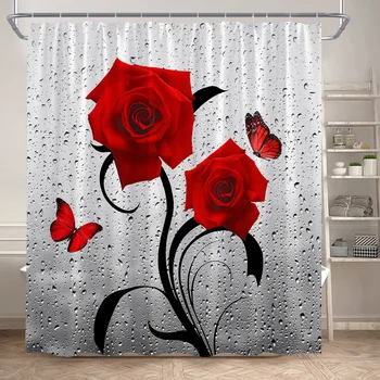 Raudona Rožė Dušo Užuolaidos Drugelis Daisy Gėlės Kūrybos Gėlių Vonios Užuolaidų Komplektas Poliesterio Audinio Vonios kambarys Dekoro su Kabliukais