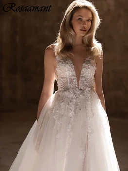 Romantiška Giliai V-Kaklo Aukštos Split-Line Vestuvių Suknelės Iliuzija Backless 3D Gėlių Nėrinių Vestuvinės Suknelės Chalatas De Mariée