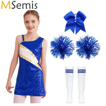 Vaikų Mergaičių Cheerleaders Kostiumas Suknelė su Blizgančiais 1Pc Bowknot Apdangalai, 1 Poros Dryžuotų Kojinių 2vnt Kutas Vertus Gėlės