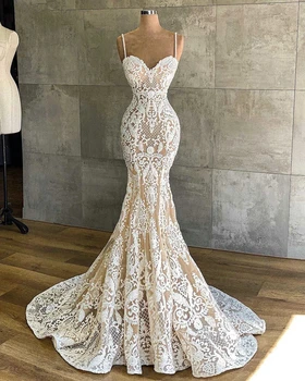 Šampanas Mermiad Vestuvių Suknelės Spagečiai Dirželiai Nėrinių Appliqued Vestuvinės Suknelės Arabų Vestidos De Noiva Užsakymą