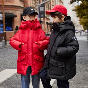 Žiemos naujus vaikus, drabužiai Berniukams, juodos spalvos su gobtuvu šiltas pūkų paltai Mergaitėms 