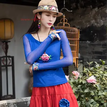 2024 m. nacionalinės gėlių siuvinėjimas o-kaklo, akių marškinėliai streetwear kinijos etninės derliaus bazės marškinėliai rytų elegantiška, elastinga marškinėliai