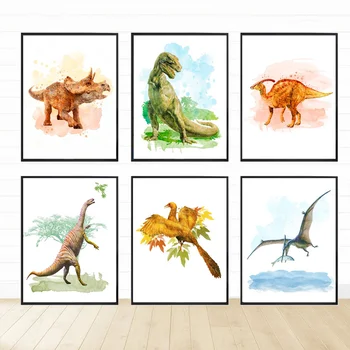 Akvarelė Dinozaurai Plakatas Spaudinių Darželio Vaikai Miegamojo Puošimas Abstrakčiai T-Rex Stegosaurus Pterosauria Drobės Tapybos Sienos Menas