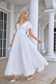 Baltos spalvos Šifono 2023 Nauja Vestuvinė Suknelė Moterų V-kaklo-Line Elegantiškas Vestuvių Oficialus Vakare Kamuolys Chalatai Tendencija Vestido De Novia