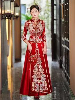 Cheongsam Raudona Blizgučiai Duobute Kutai Siuvinėjimo Qipao Ilgai Tradicinės Kinų Vestuvių Suknelė Rytietiškų Drabužių