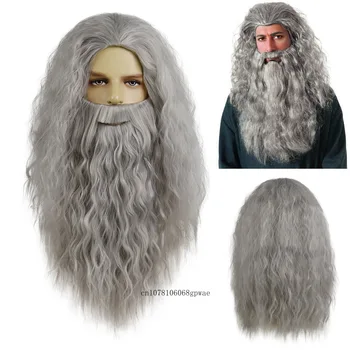 Dumbledore Cosplay Perukai Gandalf Mithrandir Pilka Perukas su Barzda Karščiui Atsparių Sintetinių Ilgas Garbanotas Banga Plaukų Perukas Vyrų Vyrų