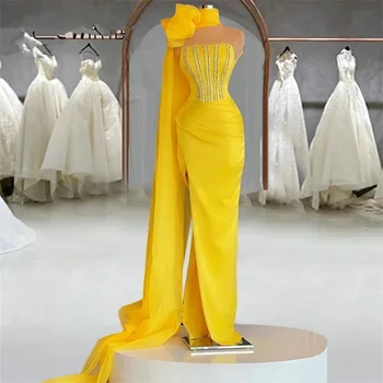 Elegantiškas Geltonas Undinė Vakaro Suknelės Su Wrap Blizgančių Crystal Plus Size Inscenizacija Prom Šalis, Chalatai Chalatas De Soiree