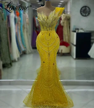 Geltona Prabanga Arabų Šalis Suknelės 2024 Haute Couture Blizgančių Karoliukų Akmenys Undinė Kristalai Ilgai Nėrinių Gėlių Vakarą Prom Dress