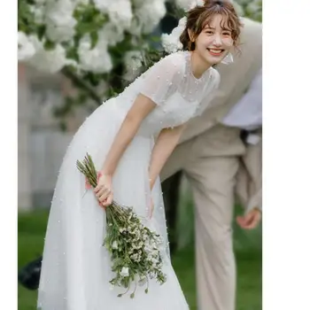 Korėjos-line Nuotakos Suknelė Su Perlų Balta Slim Siple Lauko Ilga Suknelė Super Pasakų Paprastas Vestuvių Suknelė pagal Užsakymą