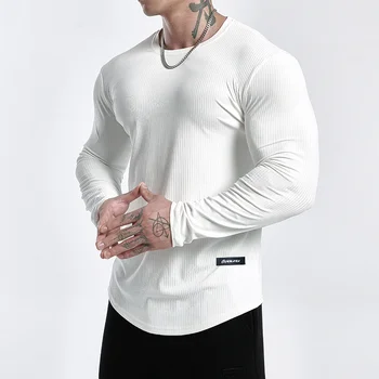 Madinga dryžuotas prekės fitneso kvėpuojantis ilgomis rankovėmis veikia mokymo marškinėliai elastinga greitai džiūsta sporto, T-marškinėliai vyrams, drabužiai