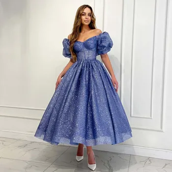 Mėlyna Nuo Pečių, Trumpomis Rankovėmis, Brangioji Arbata Ilgis Vestuvių Suknelės Oficialią Šalies Auginami Vakaro Suknelės