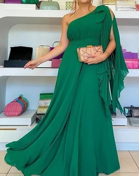 Naujas Tamsiai Žalios Vakare Šalis Suknelė 2023 Rankovių Vieną Petį Pelerinos Šifono Ruffles Prom Oficialią Chalatai Vestidos De Fiesta