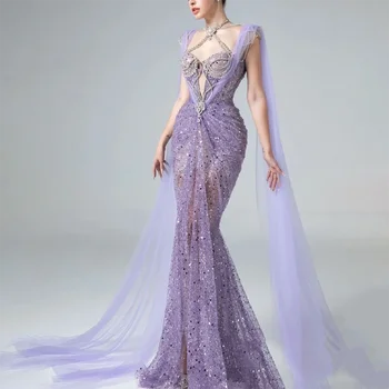 Prabanga Violetinė Crystal vakarinę Suknelę naujo 2024 Nėrinių Zawalcowany Undinė Blizgučiais Prom Oficialią Chalatai pakabinti ant Kaklo blizga suknelė