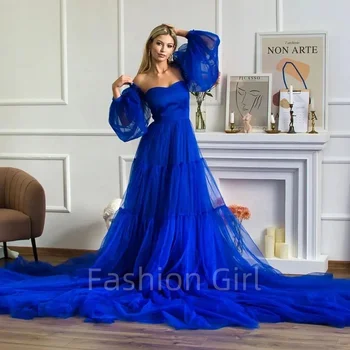 Royal Blue Organza Vakarinę Suknelę Ilgomis Rankovėmis Brangioji Koplyčia Traukinys-Line Elegantiškas Moteris Oficialus Prabanga Promenadzie Suknelė