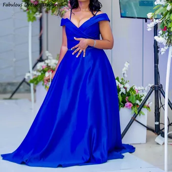 Royal Blus Linijos Bridesmaid Dresses Satino Caystal Spageti Dirželis Ir Off Peties Vestuvių Svečių Suknelė Moterims Prom Šalis Suknelė