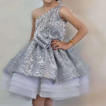 Sidabro Blizgučiais Gėlių Mergaitės Suknelė Paauglių Mergaičių Vestuves Gimtadienis Kamuolys Chalatai Prom Princesė Grožio Konkurso Pirmosios Komunijos Drabužiai