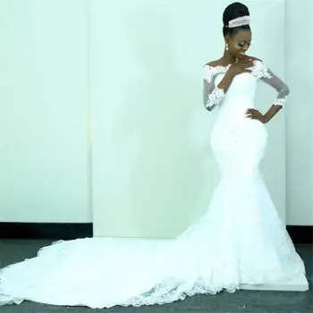 Spalvingi Off Peties Afrikos Plius Dydis Undinė Vestuvių Suknelės Koplyčia Traukinys Iliuzija Nėrinių ilgomis Rankovėmis Nuotakos Suknelė