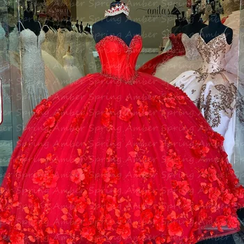 Stuning Raudona Mergina Quinceanera Suknelės Karoliukai 3D Gėlių Susiduria Iškaulinėjimas Princess Gimtadienio Chalatai vestidos de anos 15