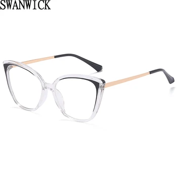 Swanwick stabdžių mėlyna šviesa akinius cat eye mados TR90 moterims, akinių rėmeliai aikštės pusę derliaus metalo juoda skaidri dovanos
